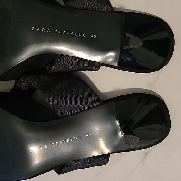 Zara Black Knotted Bow Pointed Toe Slanted Kitten Heels Sandals Shoes Wmns 9 - Picture 10 of 13
